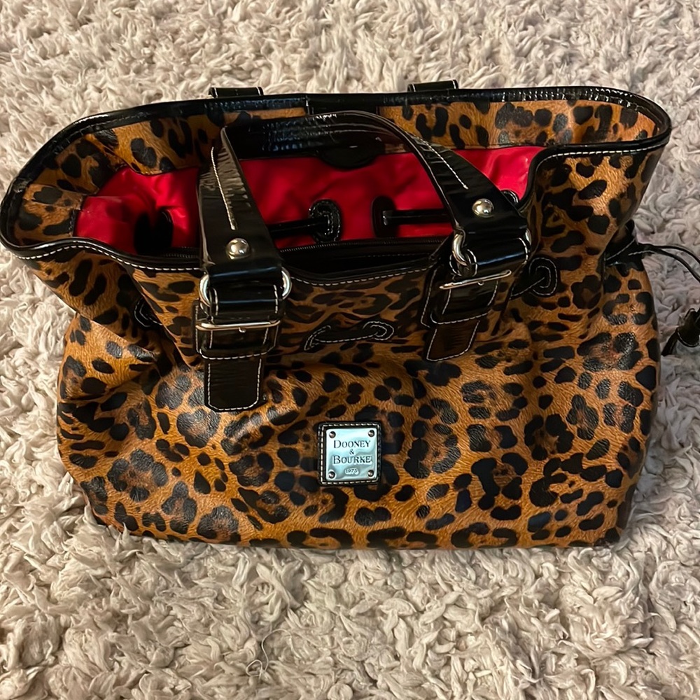 Dooney & Bourke Leopard Print Tote with Black Trim and Red Interior